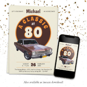 80th Birthday Vintage Classic Car Fun Retro Invitation