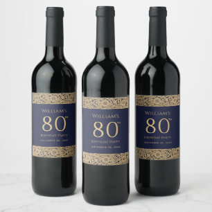 80th Birthday Vintage Elegant Navy Blue Gold Roses Wine Label