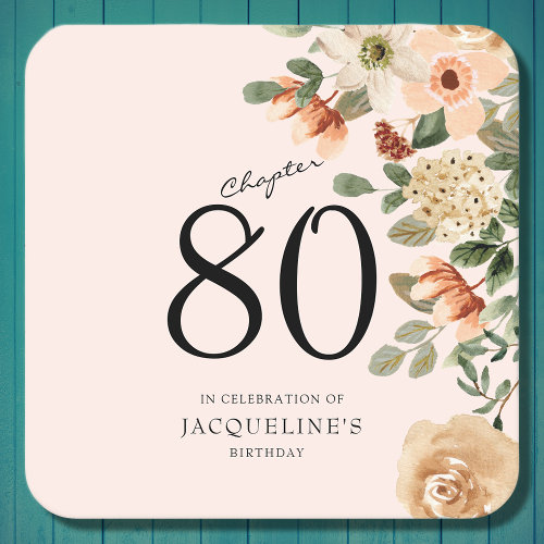 80th Birthday Vintage Floral Square Paper Coaster