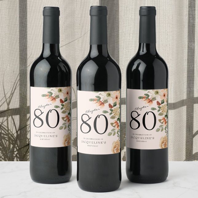 80th Birthday Vintage Floral Wine Label (Transform any wine bottle into a memorable keepsake for an 80th birthday celebration.)