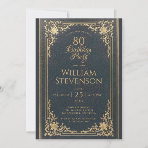 80th Birthday Vintage Gold on Navy Blue Elegant Invitation