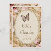80th Birthday Vintage Roses Butterfly, Music Notes Invitation (Front/Back)