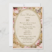 80th Birthday Vintage Roses Butterfly, Music Notes Invitation (Back)