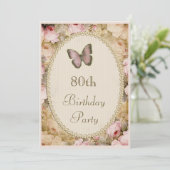 80th Birthday Vintage Roses Butterfly, Music Notes Invitation (Standing Front)