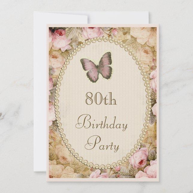 80th Birthday Vintage Roses Butterfly, Music Notes Invitation (Front)