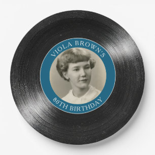 80th Birthday Vinyl Record Blue Paper Plates