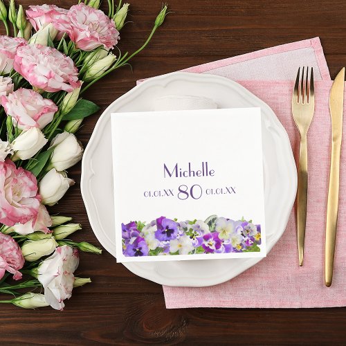 80th birthday violet pansies flowers white napkins