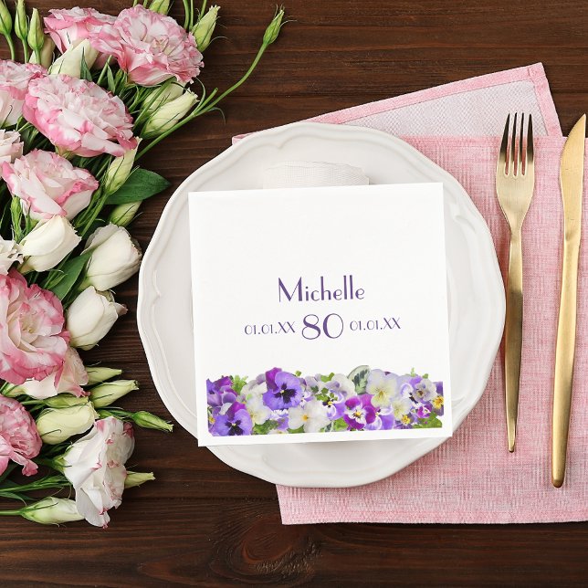 80th birthday violet pansies flowers white napkins (Creator Uploaded)