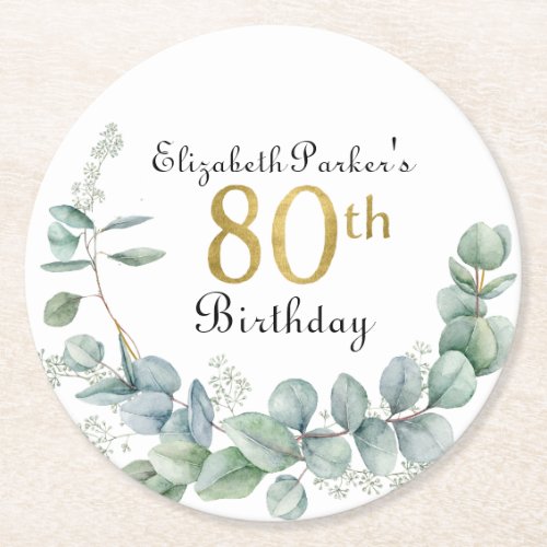 80th Birthday Watercolor Eucalyptus Gold  Round Paper Coaster
