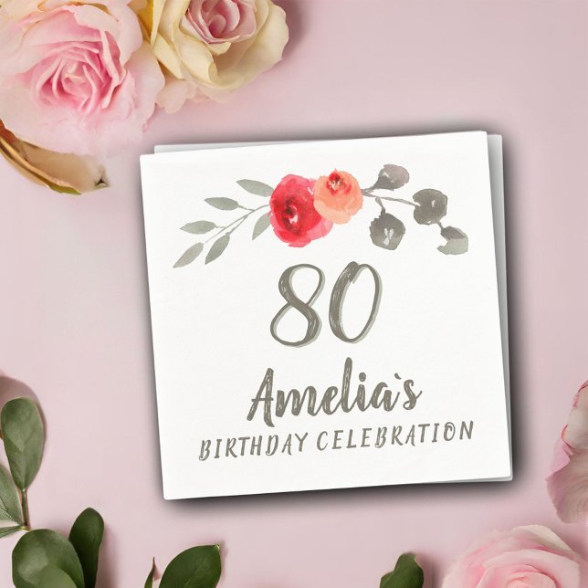 80th Birthday Watercolor Rose Floral Party Napkins (Creator Uploaded)
