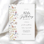 80th Birthday Watercolor Wildflowers Floral  Invitation<br><div class="desc">Beautiful and feminine, this nature-inspired 80th birthday party invitation celebrates a birthday in elegant style. This charming watercolor floral design has wildflowers in mixed pastel colors along the left border. All of the text may be personalized for your party. You can edit the age to any age! This invitation is...</div>