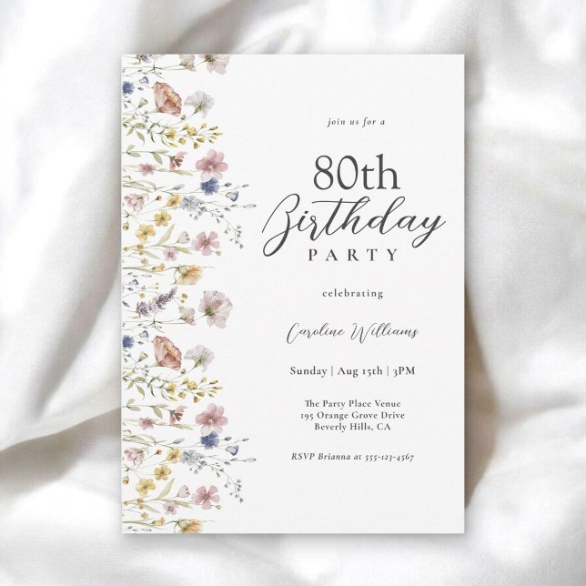 80th Birthday Watercolor Wildflowers Floral  Invitation (Available in both printed and instant download digital formats.)