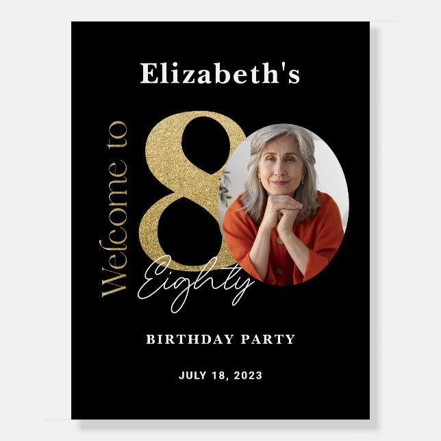 80th Birthday Welcome Sign Black Gold (Front)