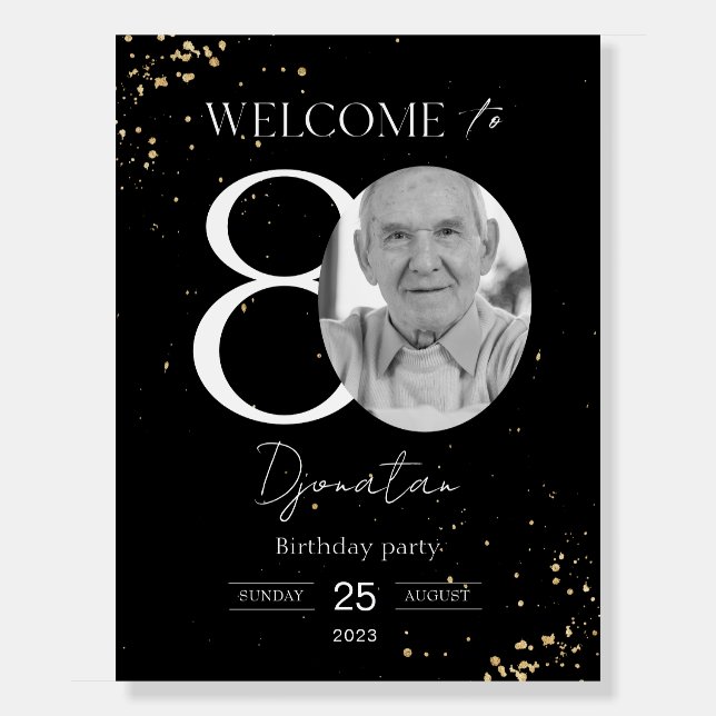 80th Birthday Welcome Sign Black Gold Board (Front)