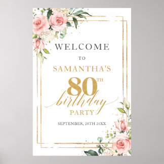 80th birthday welcome sign blush and gold glitter