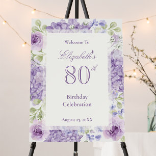 80th Birthday Welcome Sign Elegant Purple Floral