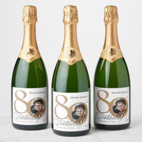 80th Birthday White Gold Custom Photo Elegant Sparkling Wine Label