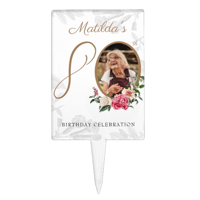 80th Birthday White Gold Floral Botanical Custom Cake Topper (Front)