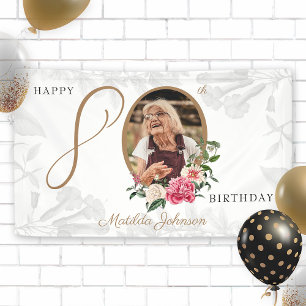 80th Birthday White Gold Floral Botanical Photo Banner