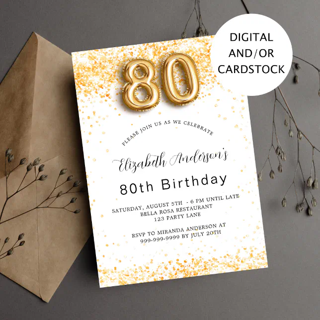 80th Birthday White Gold Glitter Elegant Invitation 