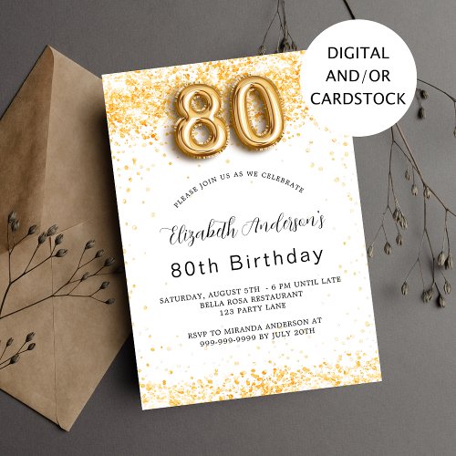 80th birthday white gold glitter elegant invitation