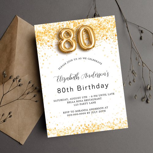 80th birthday white gold glitter elegant invitation postcard