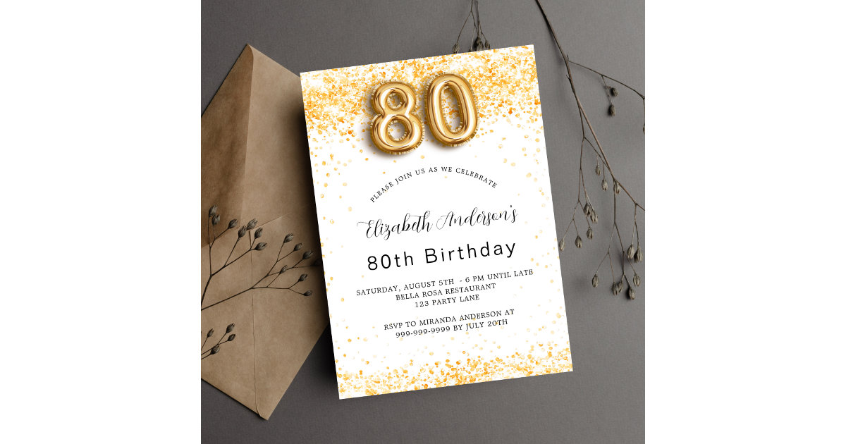 80th birthday white gold glitter luxury invitation | Zazzle