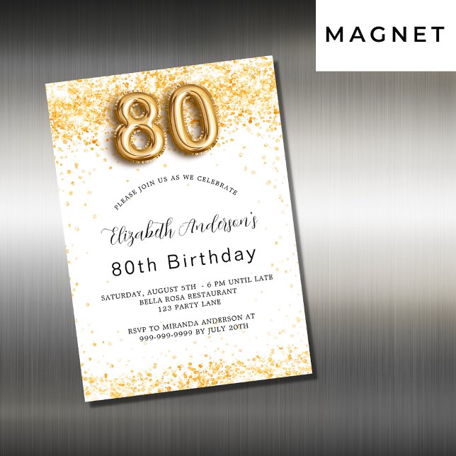 80th birthday white gold glitter luxury magnetic invitation (Creator Uploaded)