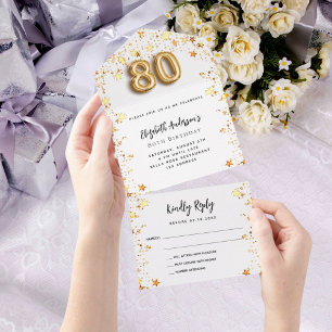 80th birthday white gold stars party RSVP All In One Invitation