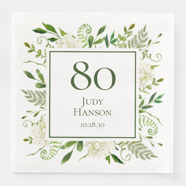 80th Birthday White Hydrangeas Paper Dinner Napkins (Front)