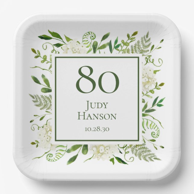 80th Birthday White Hydrangeas Paper Plates (Front)