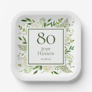 80th Birthday White Hydrangeas Paper Plates
