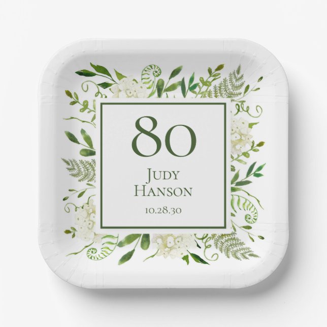 80th Birthday White Hydrangeas Paper Plates (Front)