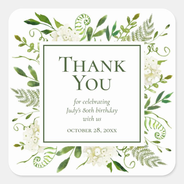 80th Birthday White Hydrangeas Thank You Square Sticker (Front)