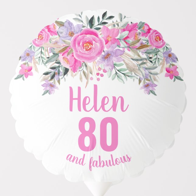 80th birthday white pink floral script name balloon (Front)