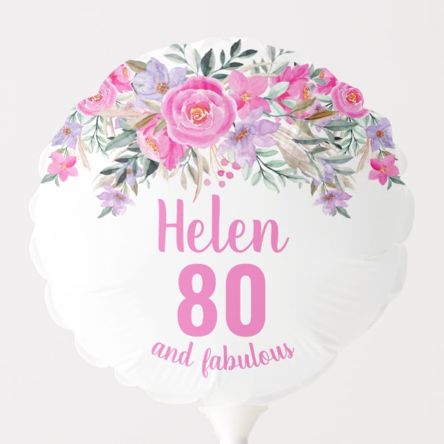 80th birthday white pink floral script name balloon (Front)
