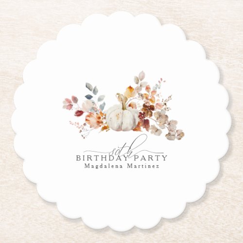 80th Birthday White Pumpkin Fall Flowers Custom Paper Coaster