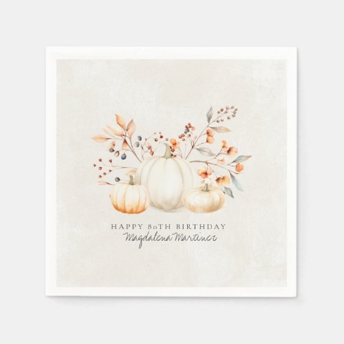 80th Birthday White Pumpkin Fall Leaves Custom Napkins