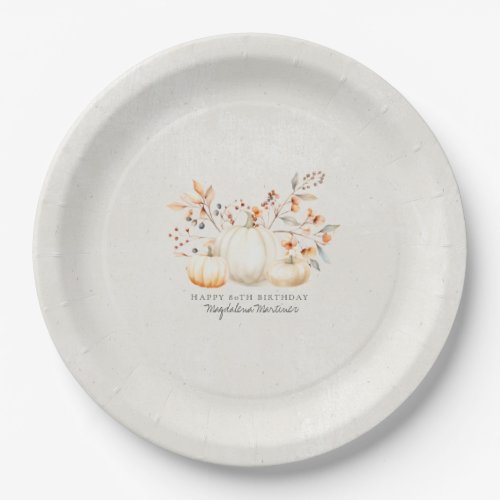 80th Birthday White Pumpkin Fall Leaves Custom Paper Plates