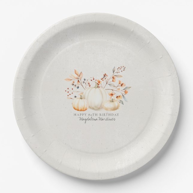 80th Birthday White Pumpkin Fall Leaves Custom Paper Plates (Front)