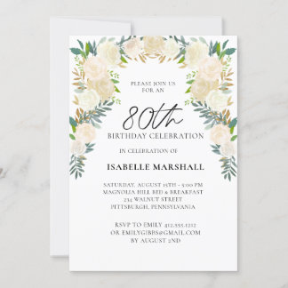 80th Birthday White Roses Floral Script Party Invitation