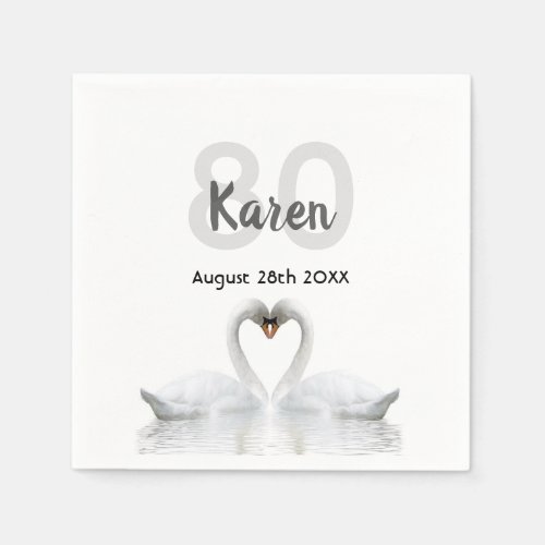 80th birthday white swans black white name napkins