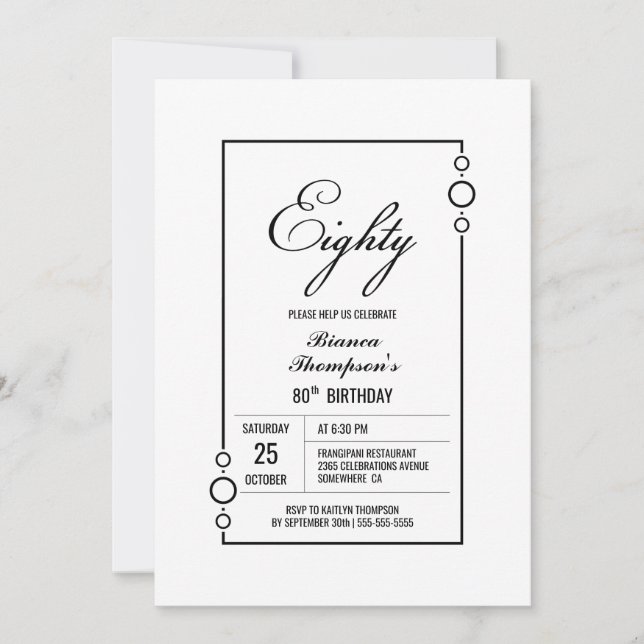 80th Birthday White with Black Frame Party Invitation (Front)