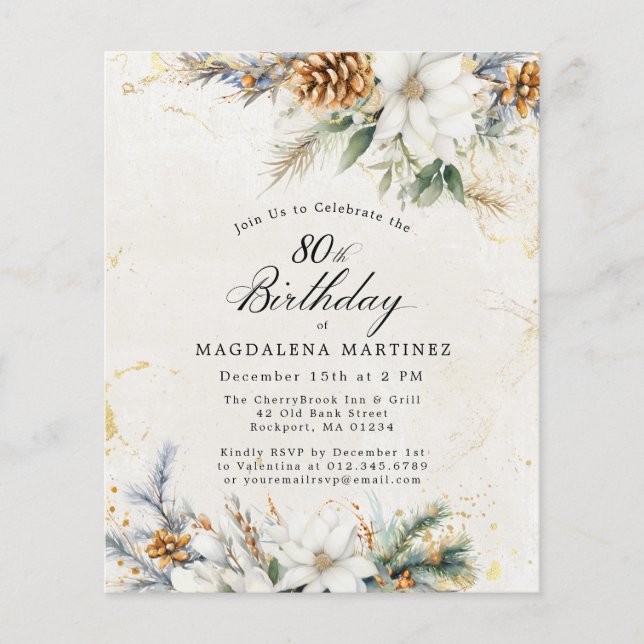 80th Birthday Winter White Floral Invitation (Front)