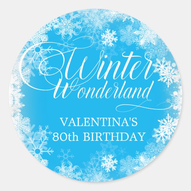 80th Birthday Winter Wonderland Snowflake Favor Classic Round Sticker (Front)