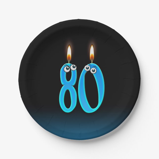 80th Birthday with lit candle numbers Paper Plates (Front)