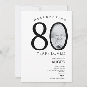 80th Birthday with Photo in Number, Black & White Invitation
