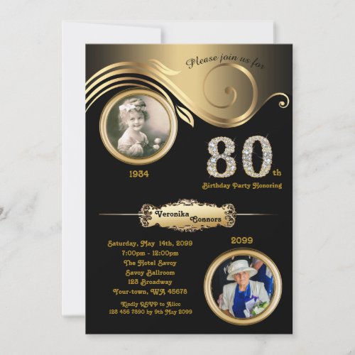 80thBirthday Woman 80th art deco black gold Invitation