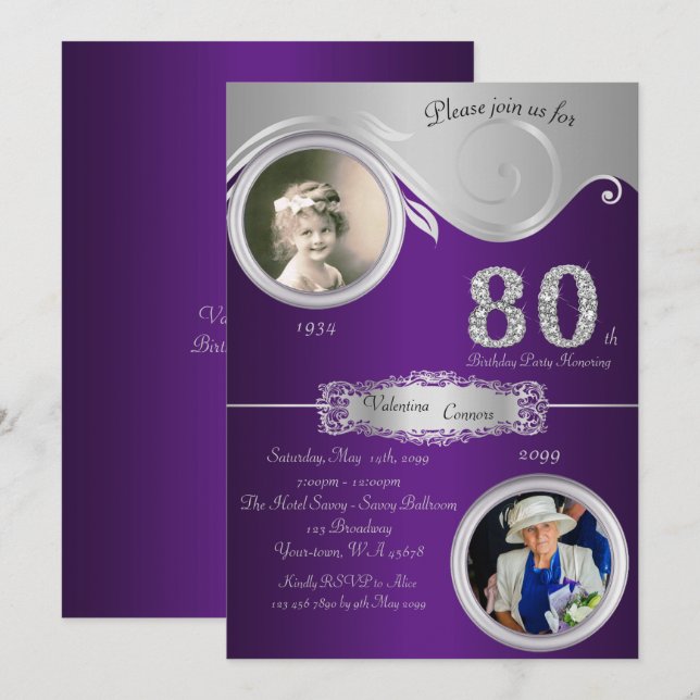 80th,Birthday Woman 80th,elegant art deco,purple Invitation (Front/Back)