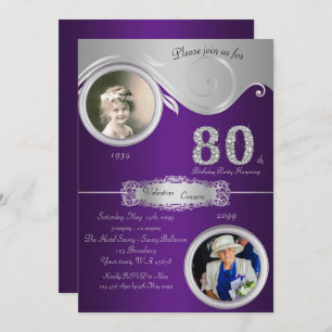 80th,Birthday Woman 80th,elegant art deco,purple Invitation